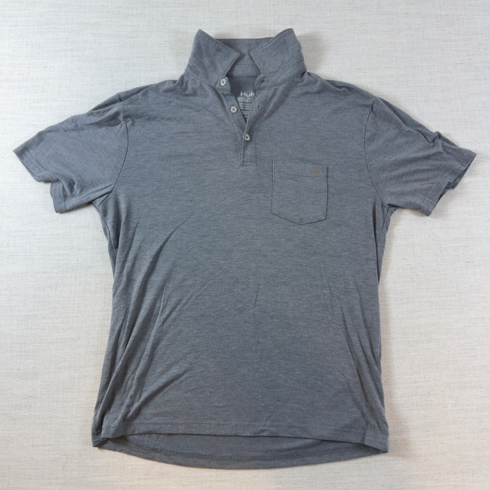 Huk Mens Gray Performance Short Sleeve Pocket Polo Shirt Size S Stretch